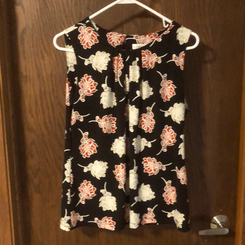 Calvin Klein black with red and white/tan flower sleeveless shell.